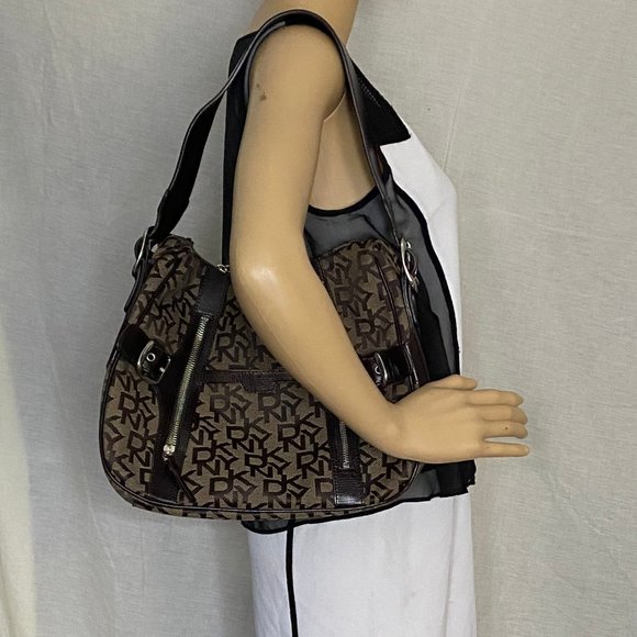 DKNY Brown Tan All Over Logo Fabric Hobo Bag - Picture 5 of 12